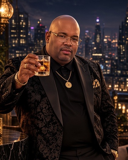 Big Rocko, a bald man in glasses and a black brocade suit holding a glass on a city rooftop at night