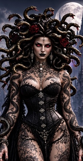 Isis, a serpent sorceress with living snakes for hair in a ruined gothic cathedral