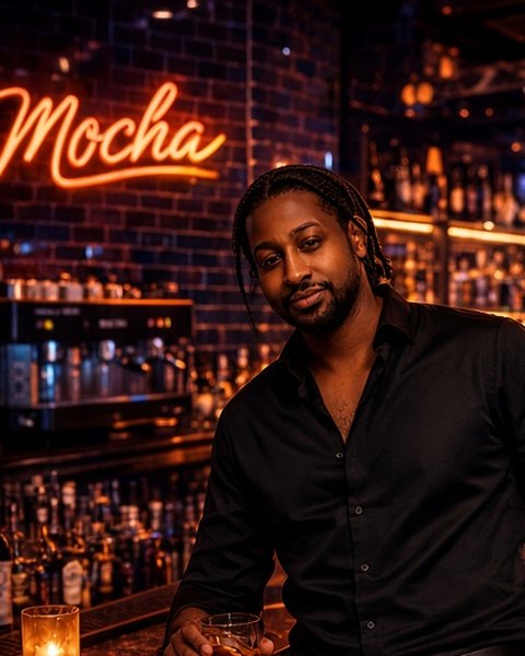 Mo, a man in a black shirt behind the bar of The Mocha Lounge