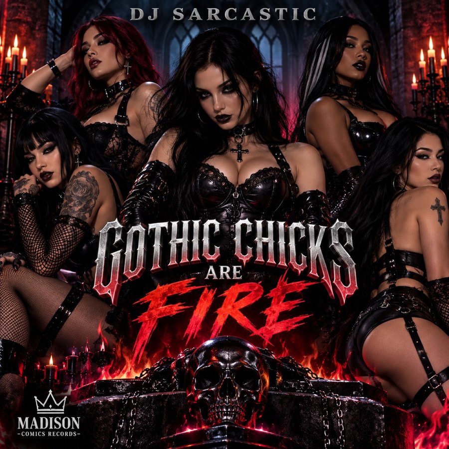 Gothic Chicks Are Fire cover art: five gothic women in a candlelit cathedral