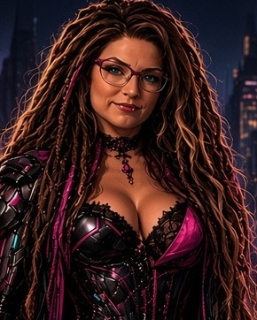 Roxara Vex, a cybernetic vampire with long dark locs, glasses and black and pink armor on a rainy neon street
