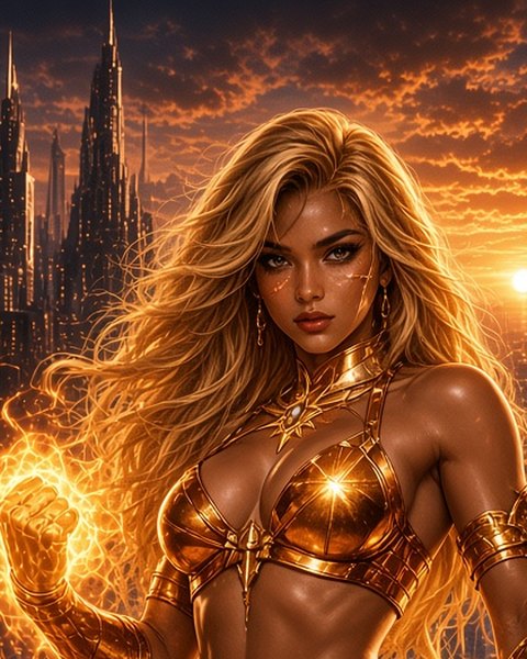 Sunflare, a golden-haired woman in gold armor against a sunset city